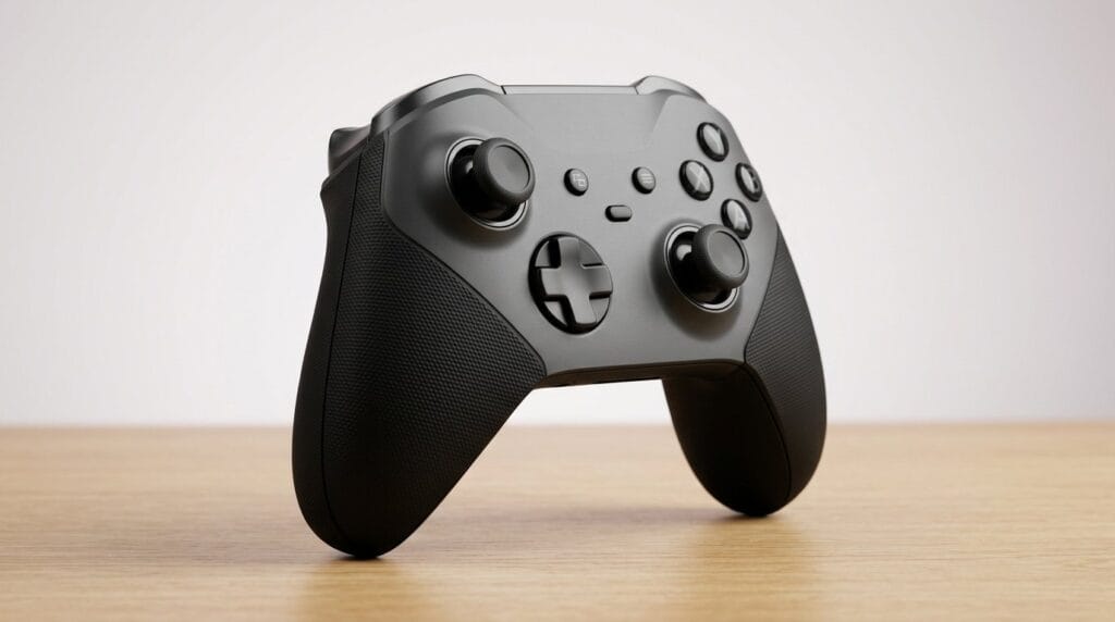 Black wireless gaming controller on a wooden surface against a plain background