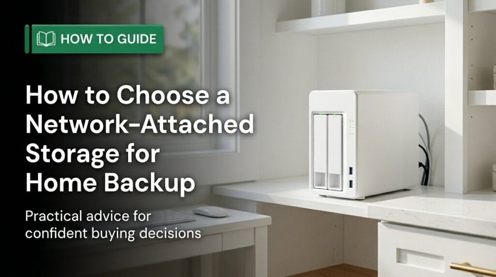 NAS device on a minimal surface with soft directional light for a home backup guide