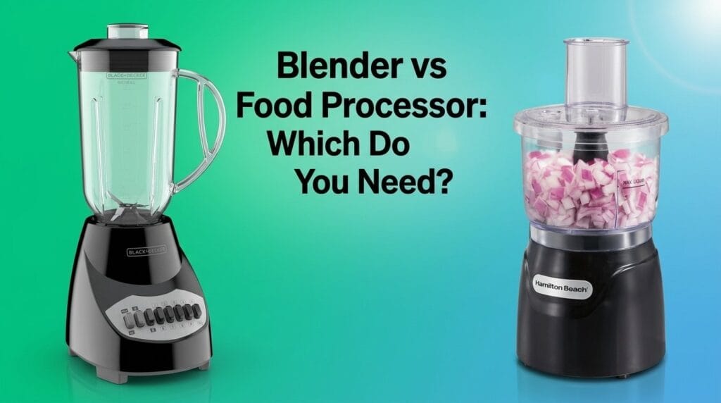 Blender and food processor comparison on a minimal surface with soft directional light.