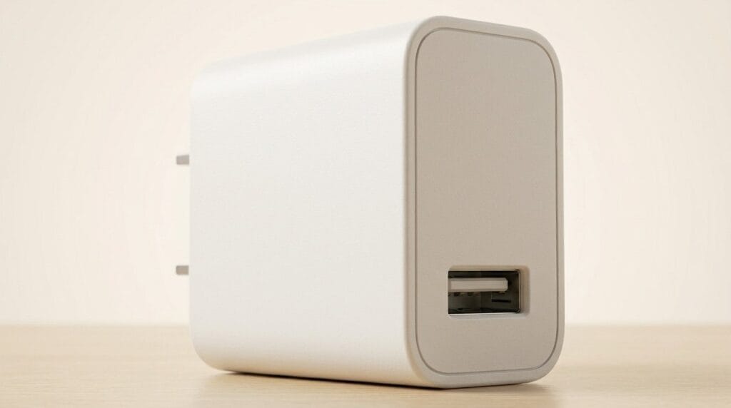 Compact white USB wall charger on a light surface with soft directional light