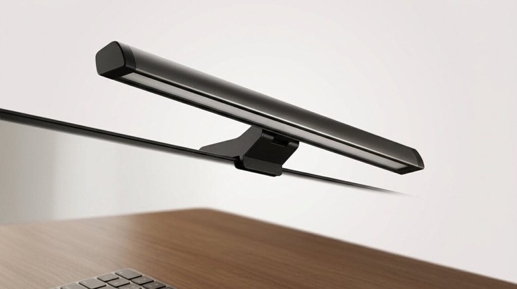 Sleek LED monitor light bar mounted on a computer screen in a modern home office