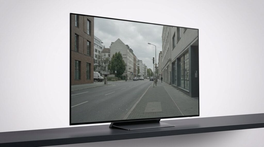 Modern flat-screen TV on a sleek stand displaying a city street scene in a minimalist room