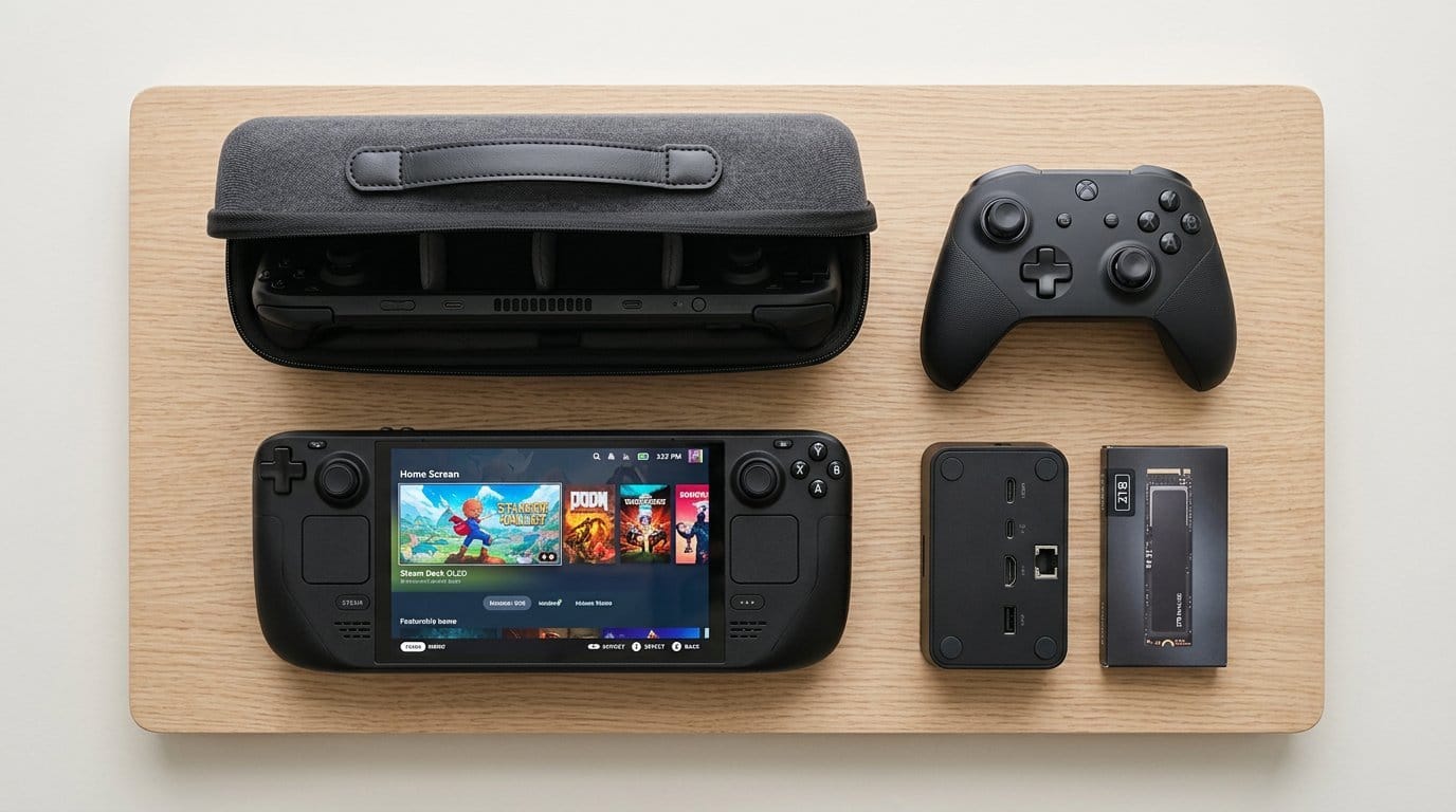 Steam Deck with controller, carrying case, and charging dock on a wooden surface
