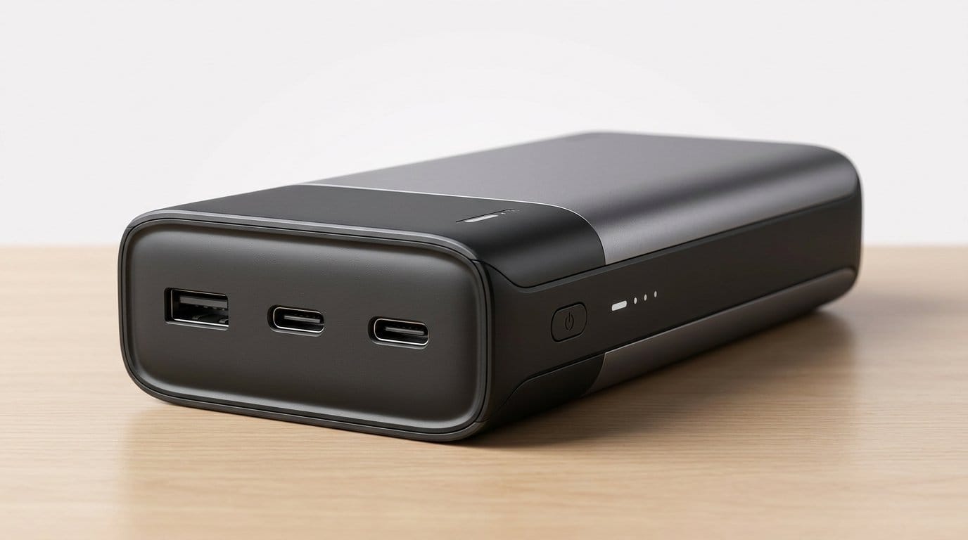 Black portable power bank with multiple USB ports on a wooden surface, lit softly from the side