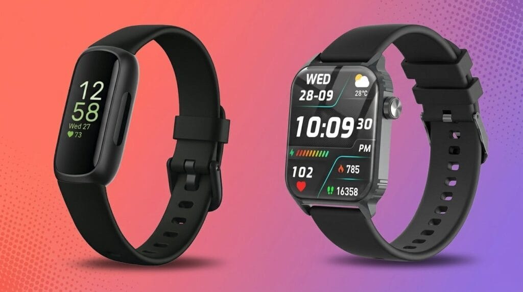 Two black smartwatches on a gradient background showing fitness and time data for sleep tracking comparison