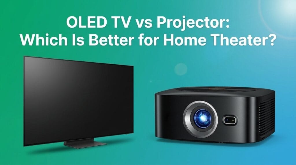 OLED TV vs projector comparison for home theater on a minimal surface with soft directional light.