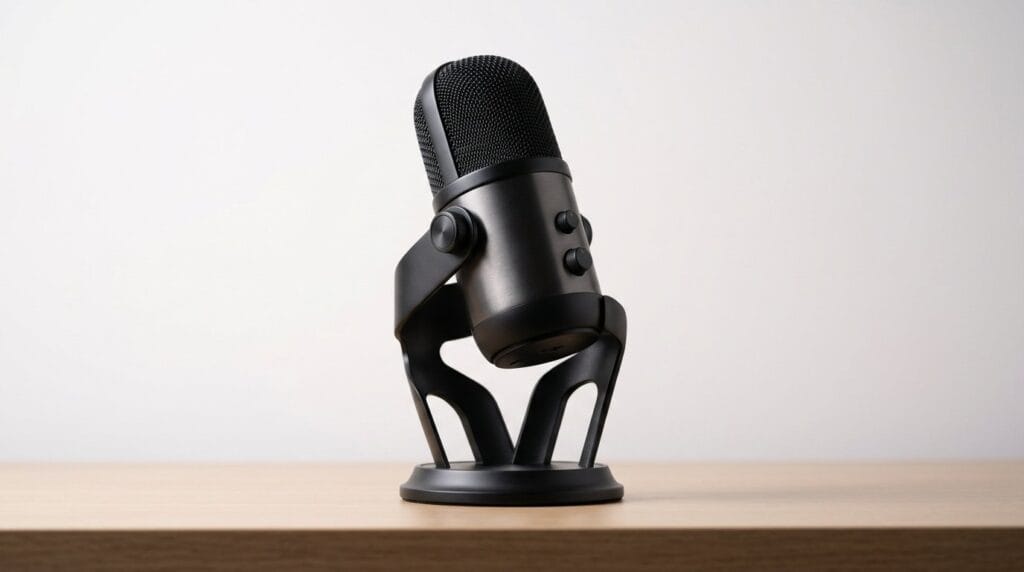 Black USB microphone on a wooden surface against a plain white background