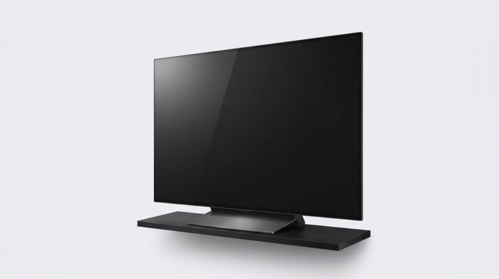 Modern flat-screen TV mounted on a wall above a sleek black shelf with soft directional light.