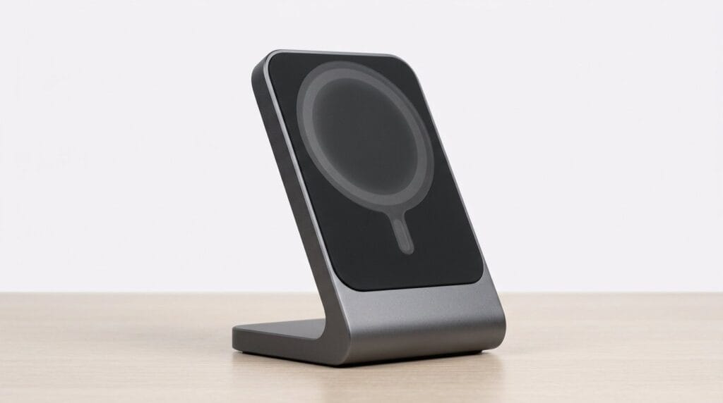 Wireless magnetic phone charger stand on a wooden surface with soft directional light