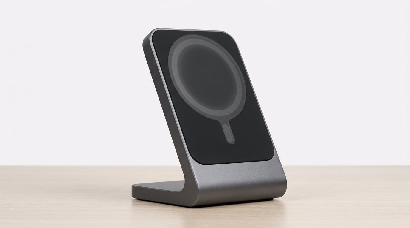 Wireless magnetic phone charger stand on a wooden surface with soft directional light