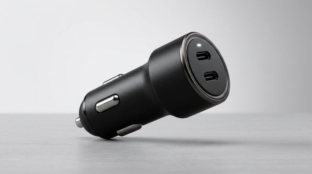 Black dual USB-C car charger adapter on a gray surface with soft directional light.
