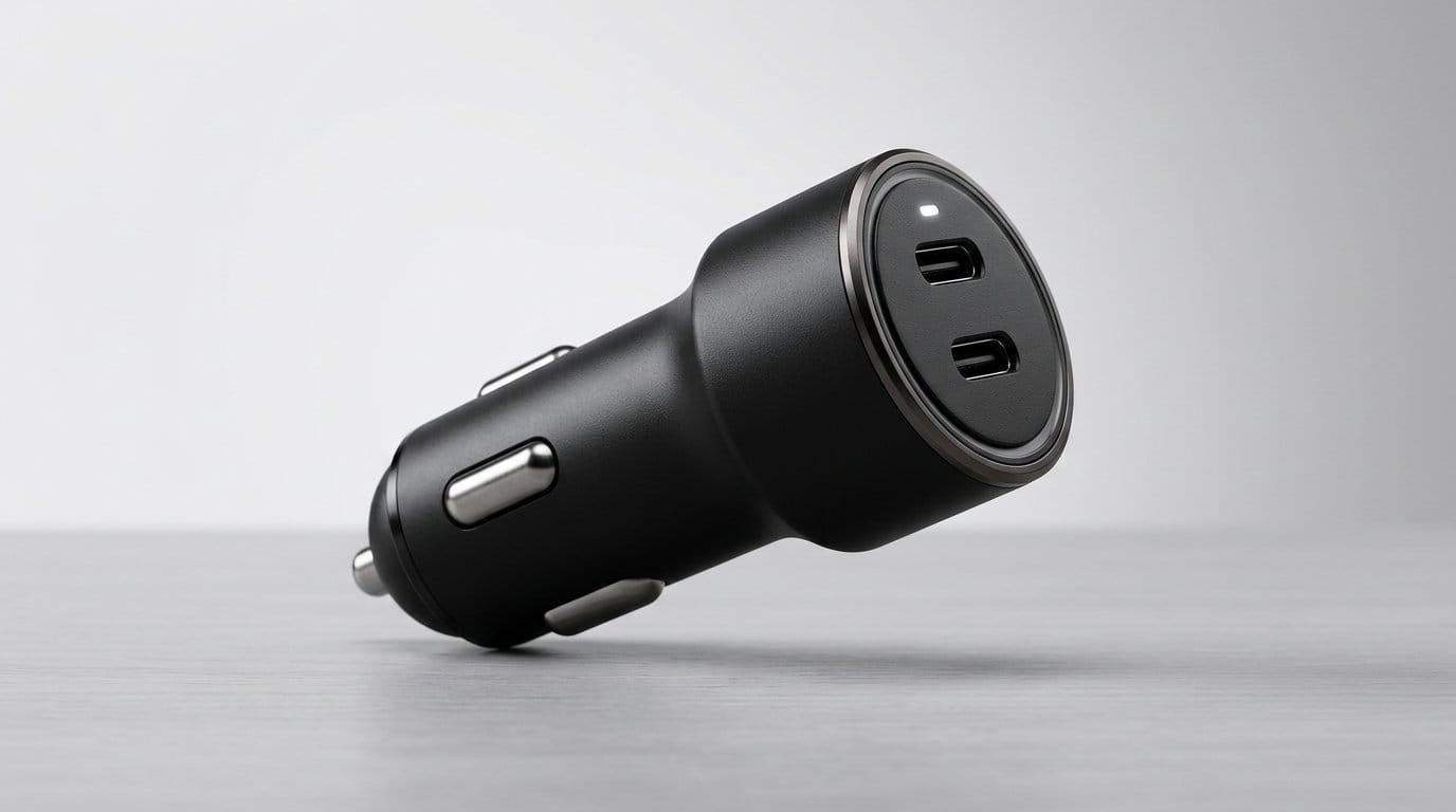 Black dual USB-C car charger adapter on a gray surface with soft directional light.