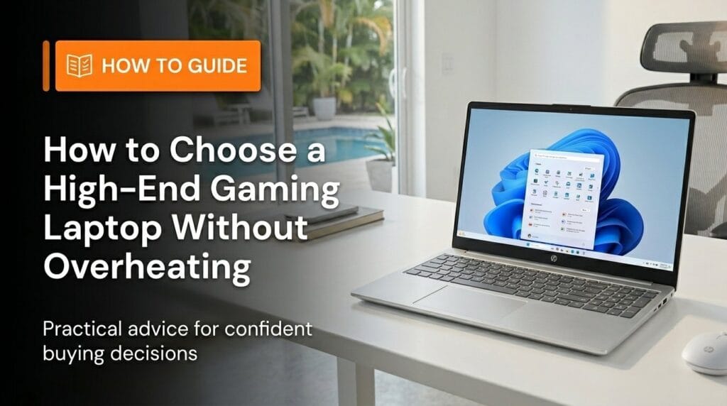 Laptop on a minimal desk for a guide on choosing a high-end gaming laptop without overheating