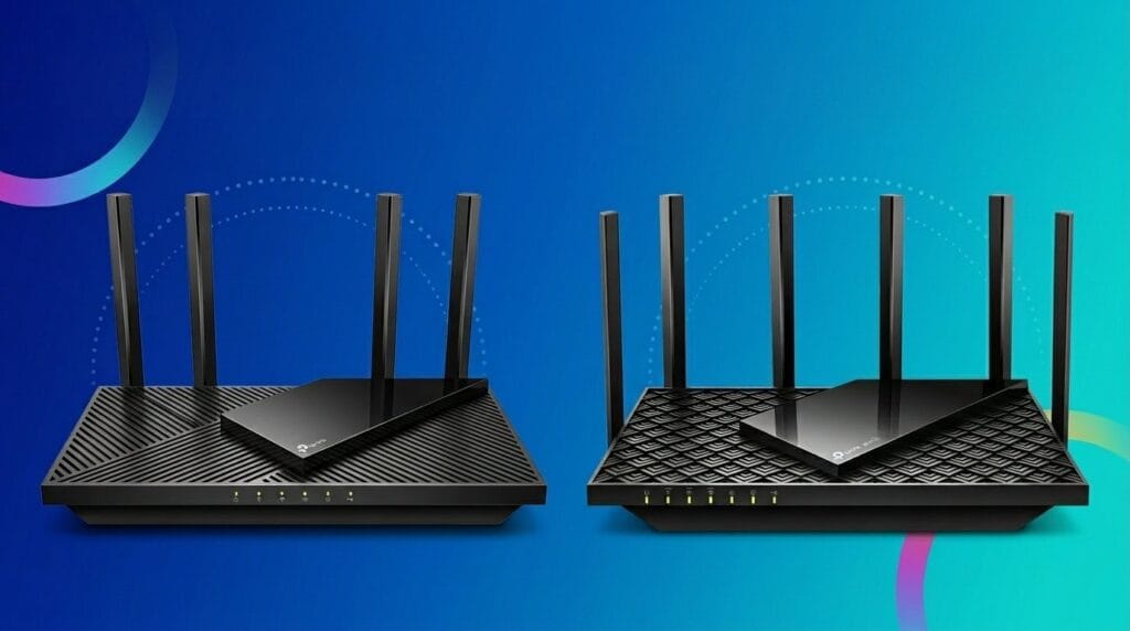 Two black Wi-Fi routers with antennas side by side on a blue gradient background comparing Wi-Fi 6 and Wi-Fi 6E