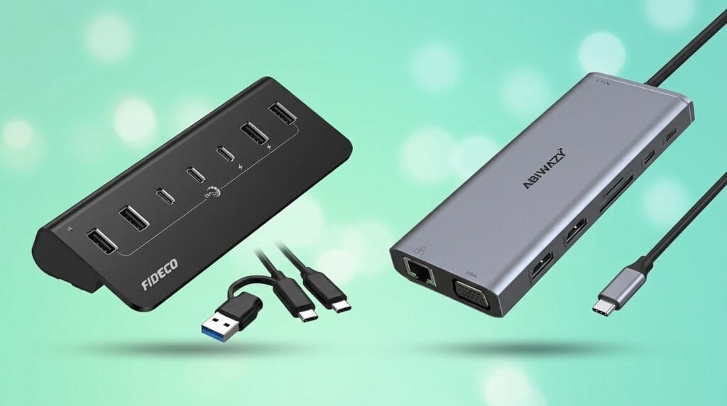 Side-by-side USB hub and docking station on a minimal surface with soft directional light.