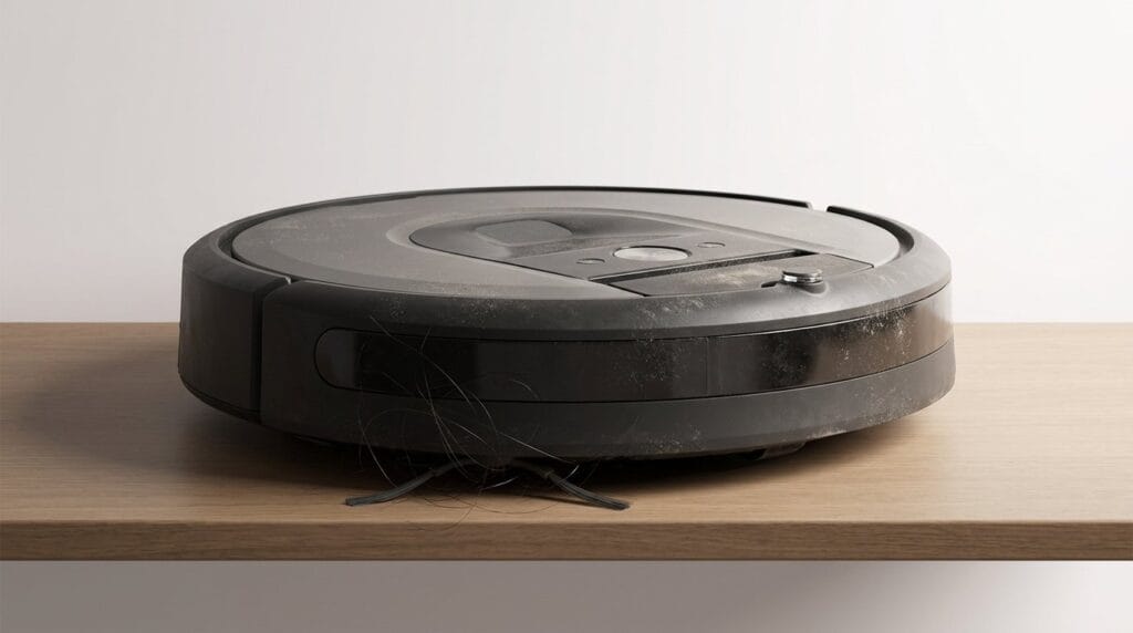 Black robot vacuum cleaner on a wooden surface against a plain background