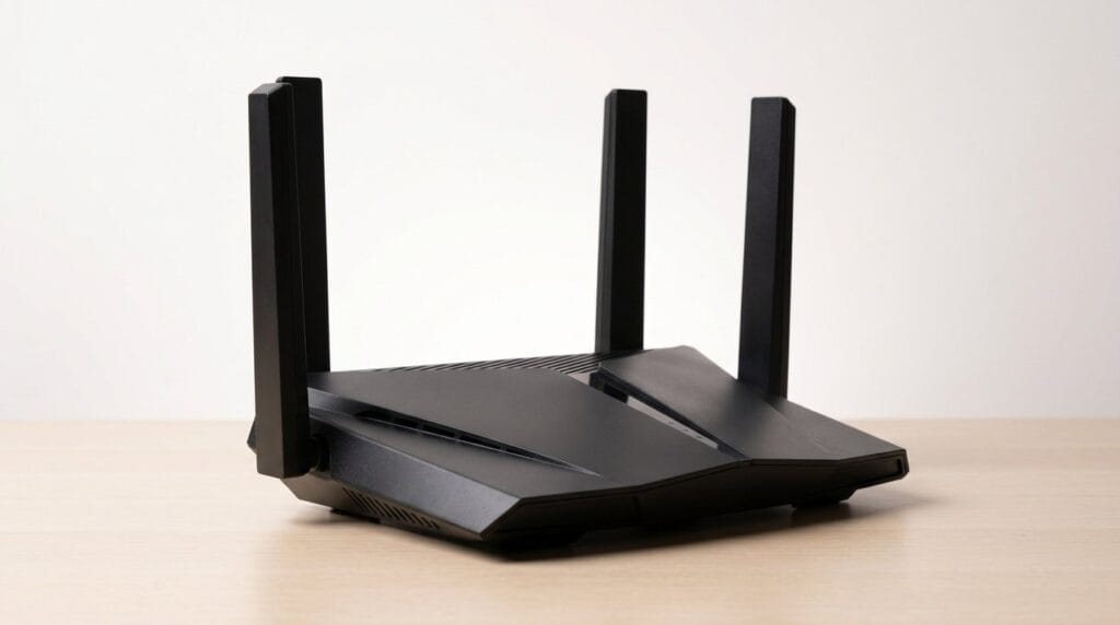 Black wireless router with three antennas on a wooden surface, lit by soft directional light.