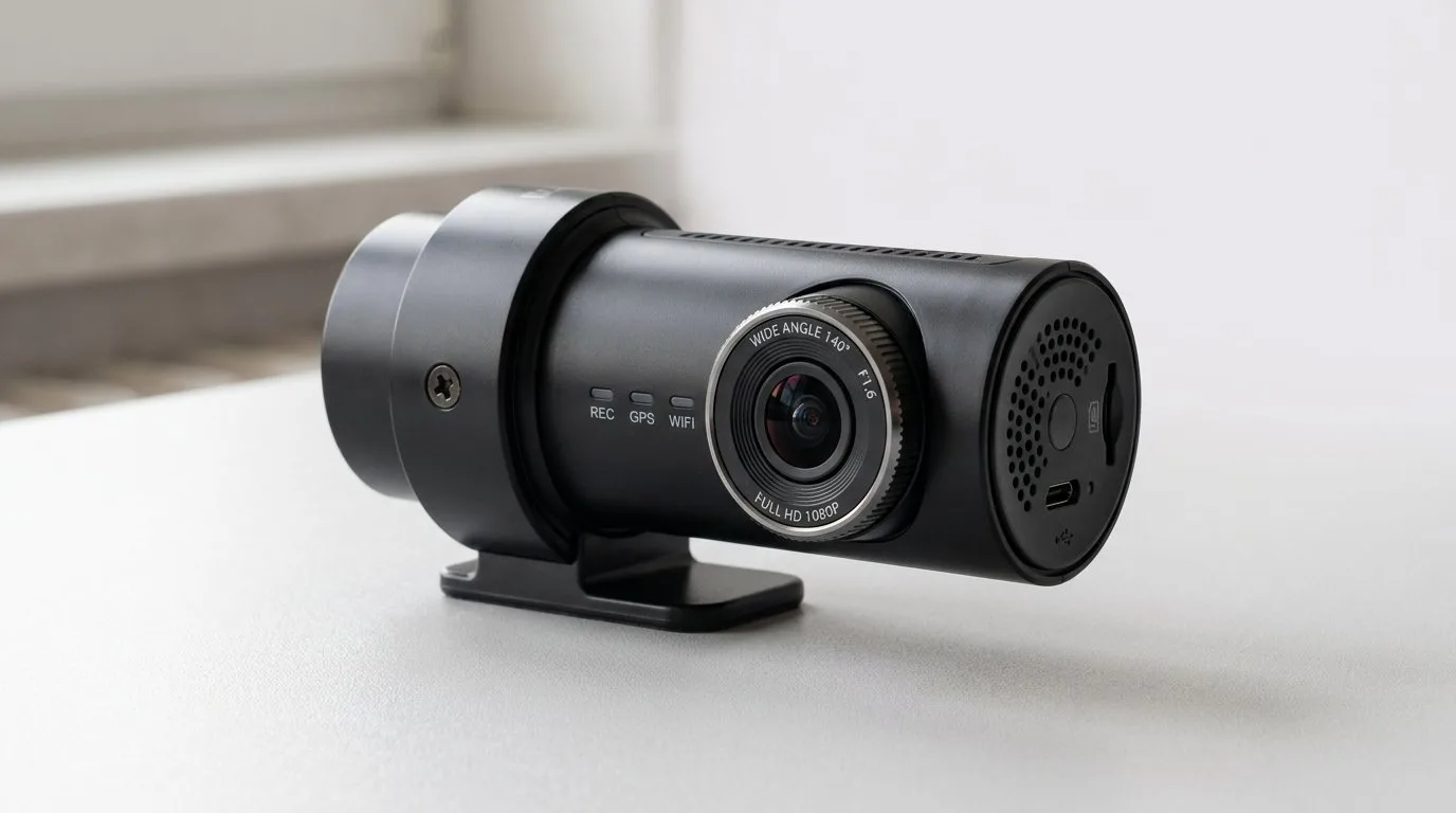 Compact black dash cam on a white surface near a window, with soft directional light