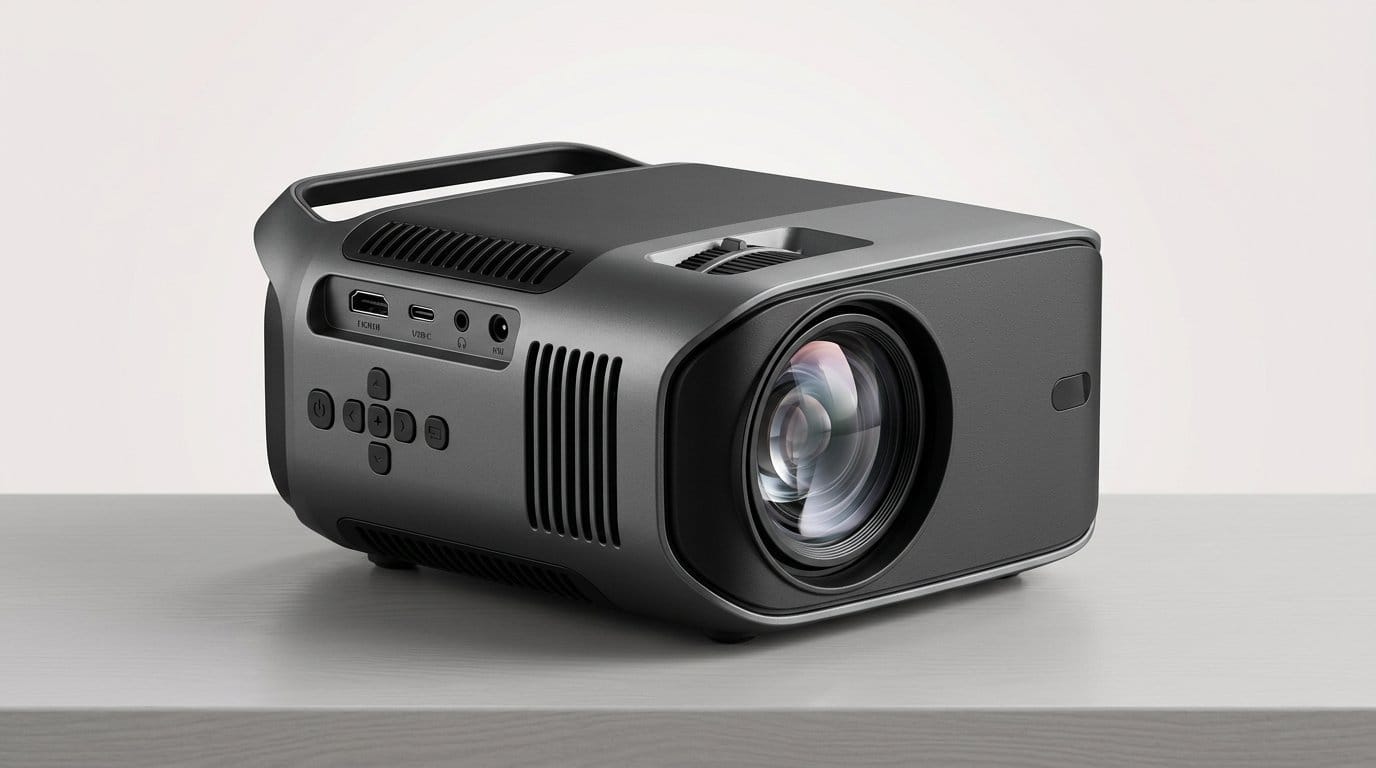 Compact black portable projector on a gray surface, shown as a hero image for an outdoor movies guide