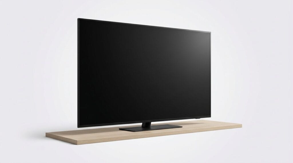 Modern flat-screen TV on a minimalist wooden shelf against a white background, for bright rooms and sports