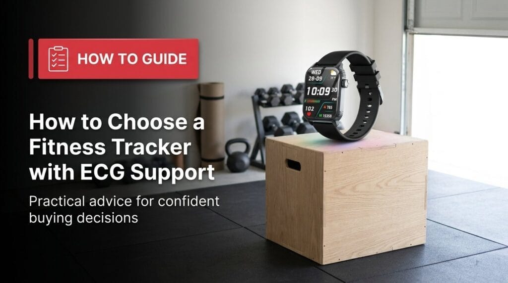 Fitness tracker on a minimal surface with soft directional light for an ECG support guide