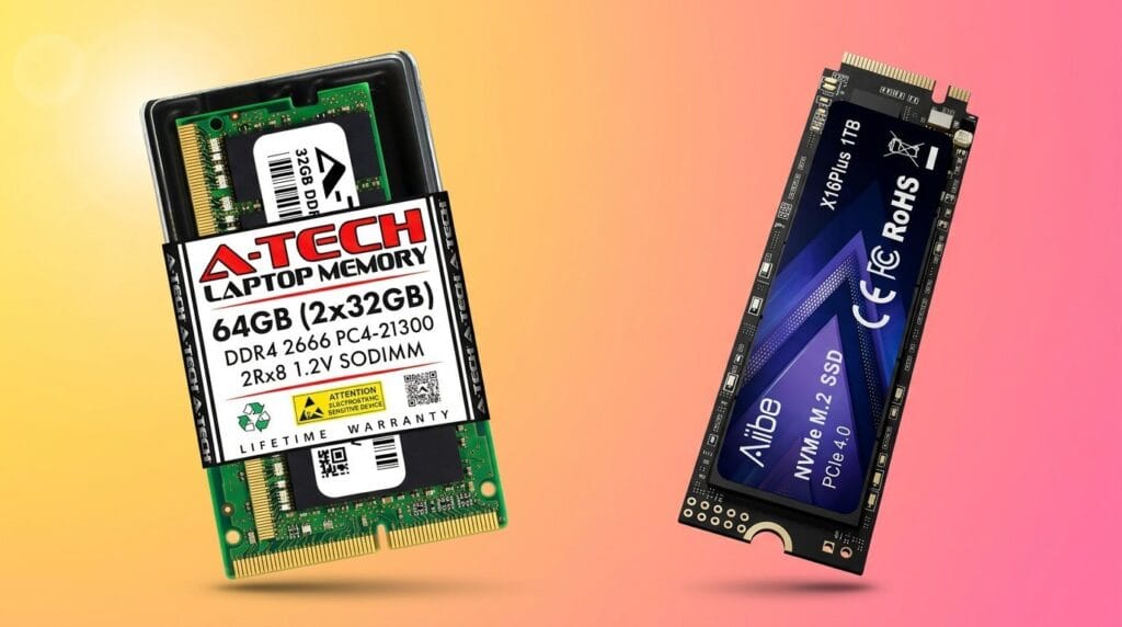 A-Tech 64GB laptop RAM and Adata 512GB NVMe SSD side by side on a gradient background