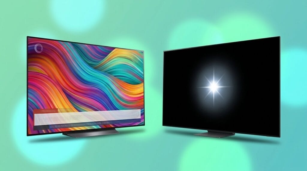 Two flat-screen TVs on a teal background showing bright colors and dark screens for OLED burn-in vs Mini-LED blooming comparison
