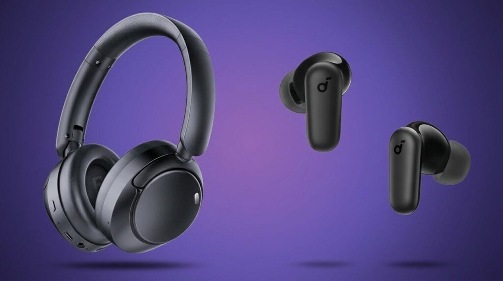 Black wireless over-ear headphones and earbuds on a purple background, comparing noise cancelling and passive isolation