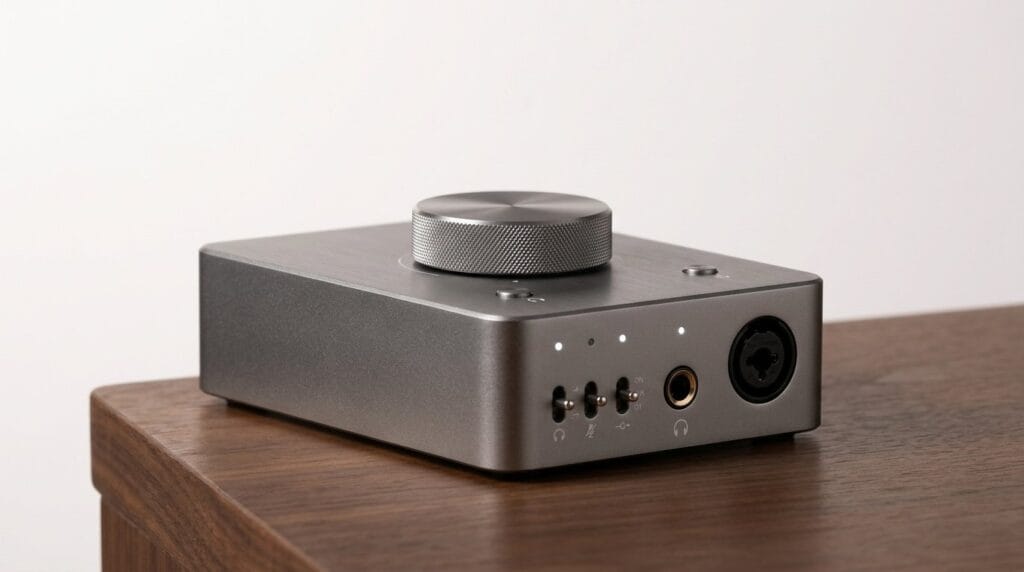 Compact audio interface with control knob and multiple input ports on a wooden surface.