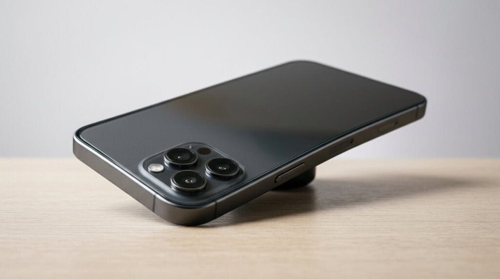 Sleek black smartphone with triple rear cameras on a wooden surface under soft light