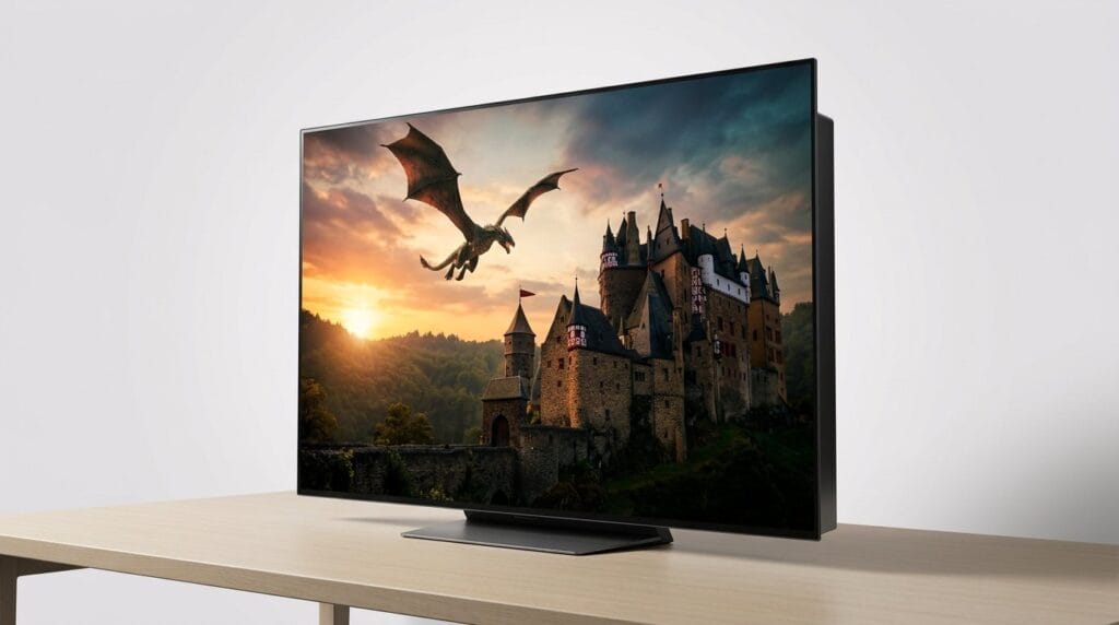 Modern flat-screen OLED TV showing a fantasy castle and flying dragon scene on screen.