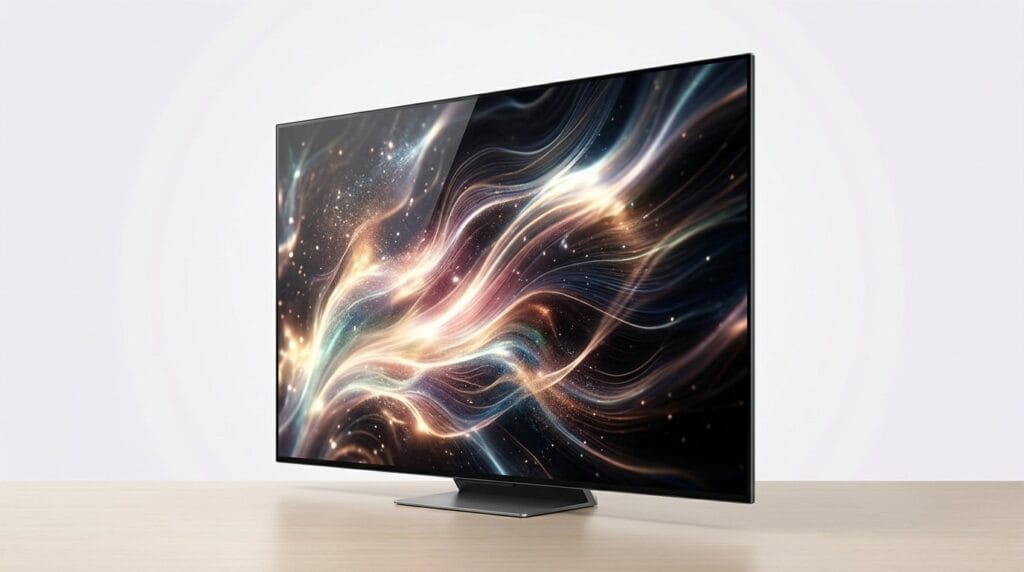 Sleek Mini-LED TV on a minimalist stand displaying vibrant abstract light waves