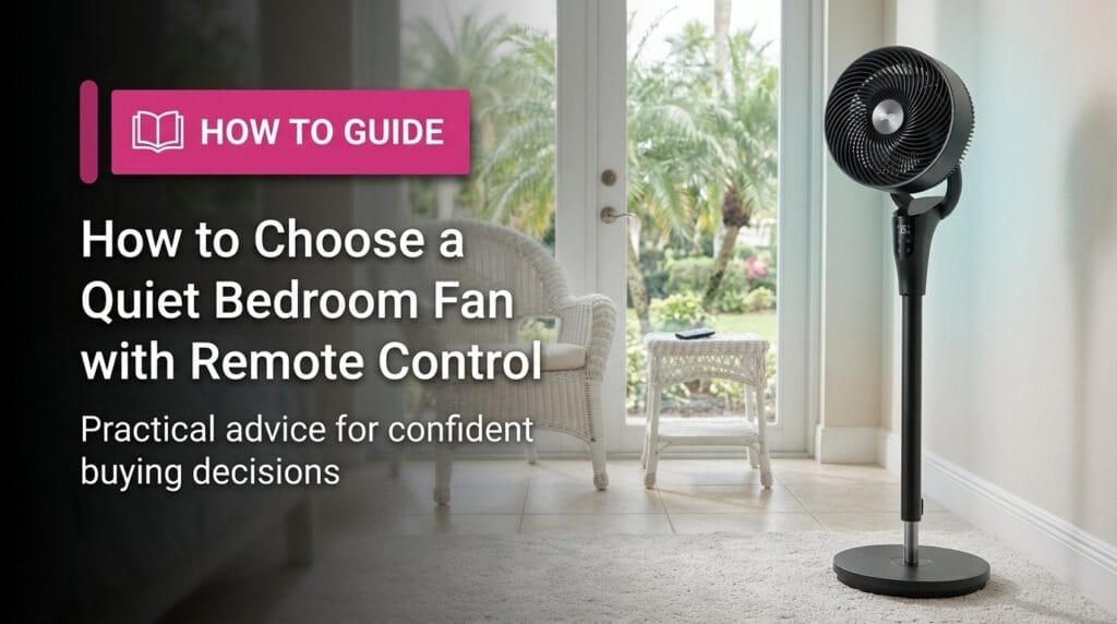 Quiet bedroom fan on a minimal surface with soft directional light in a guide hero image