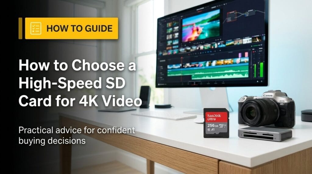 SD memory card on a minimal surface with soft directional light for a 4K video guide