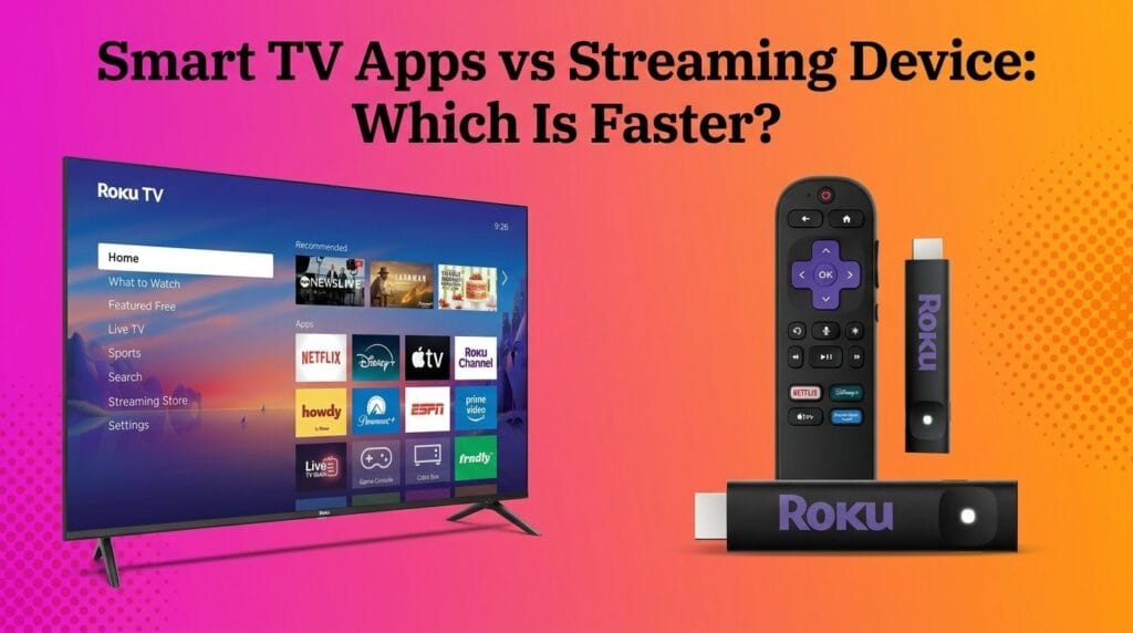 Side-by-side comparison of Smart TV apps and streaming device speed performance on a minimal surface with soft light.