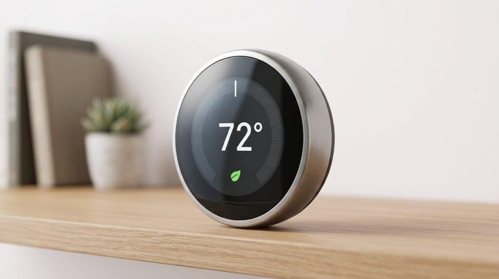 Smart thermostat on a wooden shelf in a modern home displaying 72 degrees