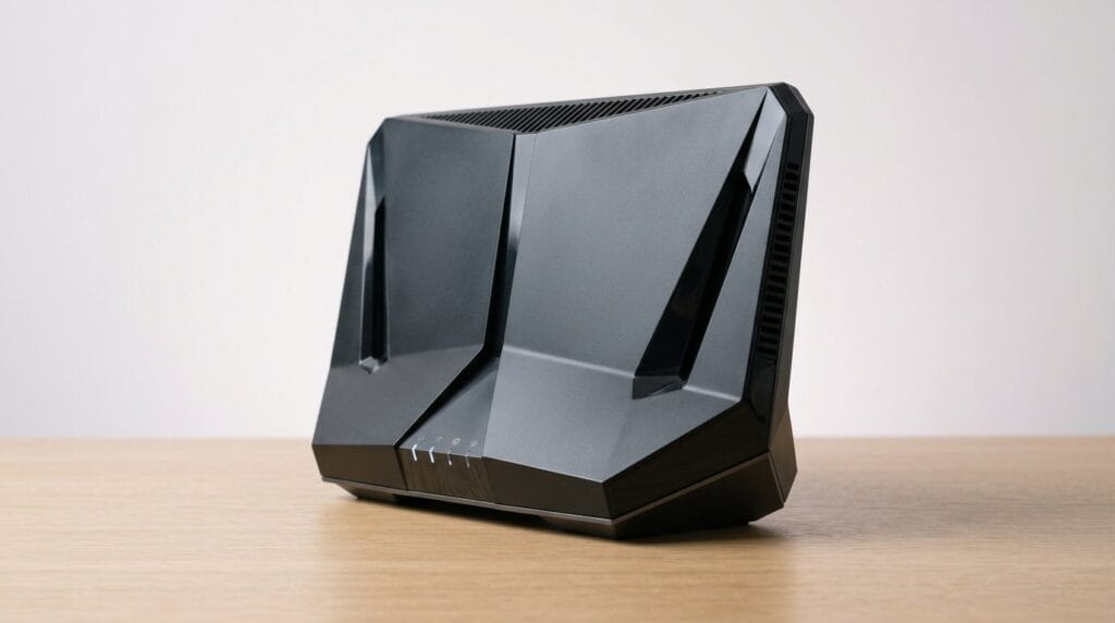 Black wireless router with multiple antennas on a wooden surface under soft directional light.