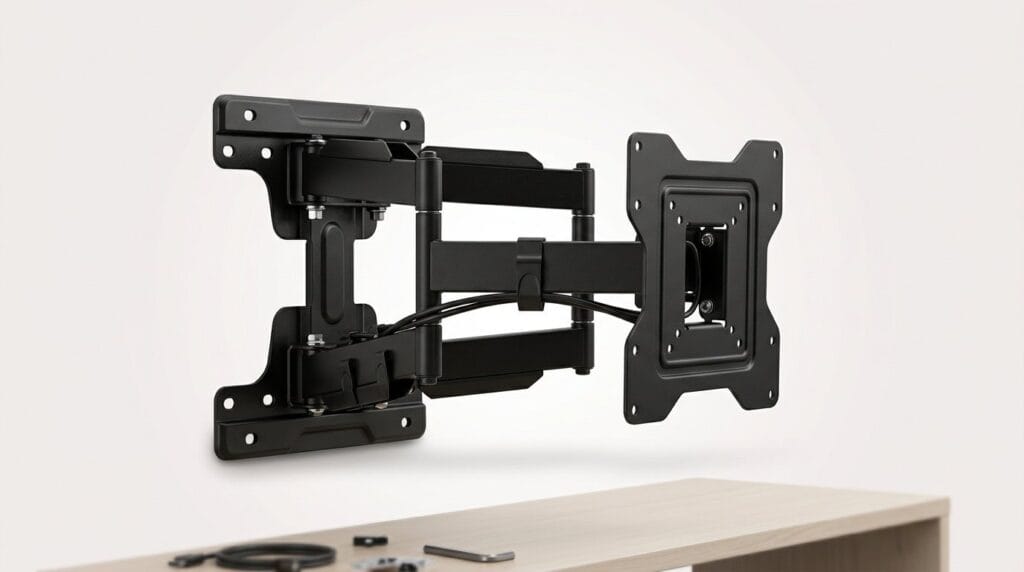 Full-motion TV wall mount above a wooden cabinet on a minimal shelf with soft directional light