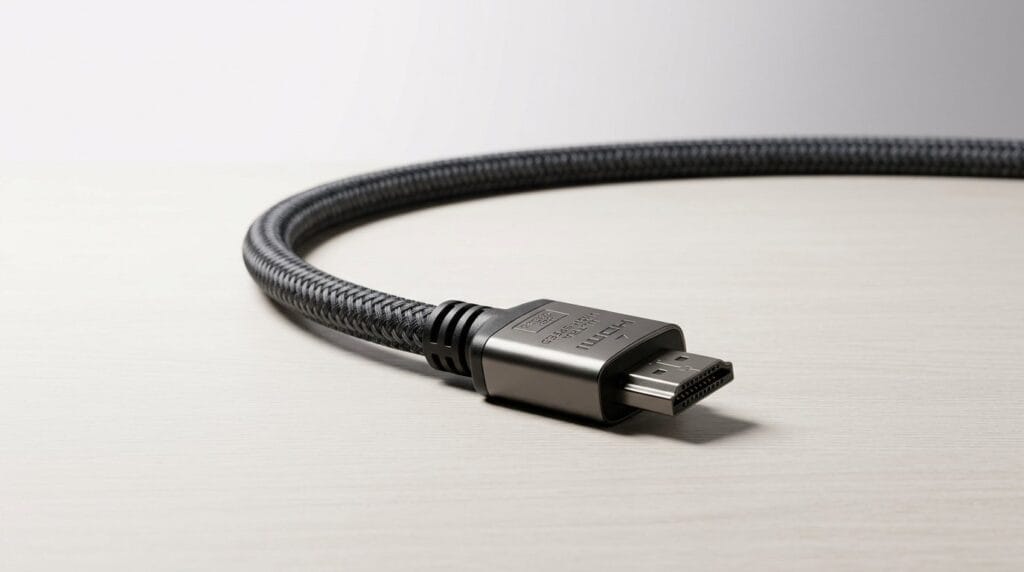 Close-up of a black USB-C cable on a light surface