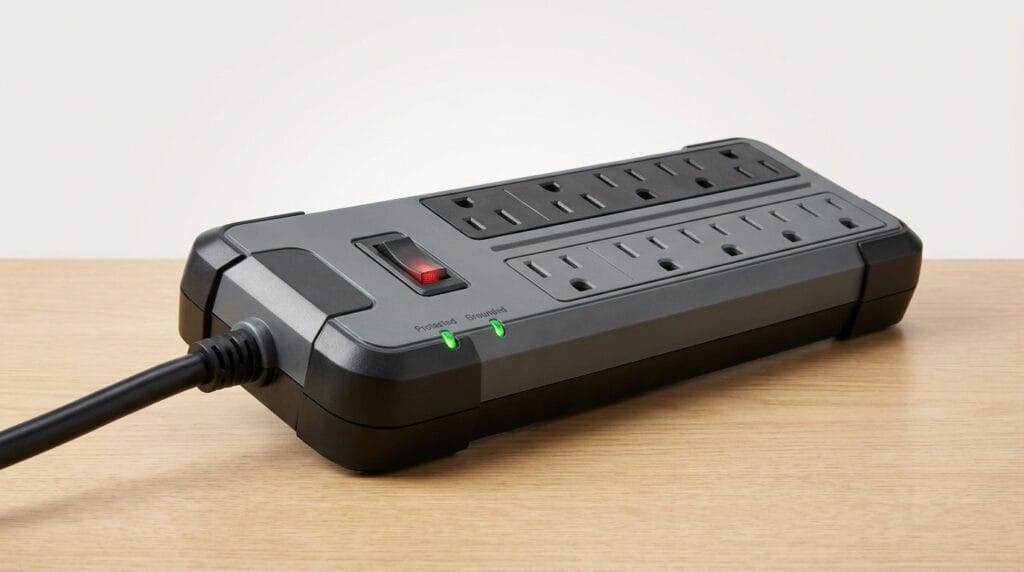 Black surge protector power strip with multiple outlets on a wooden surface, lit by soft directional light