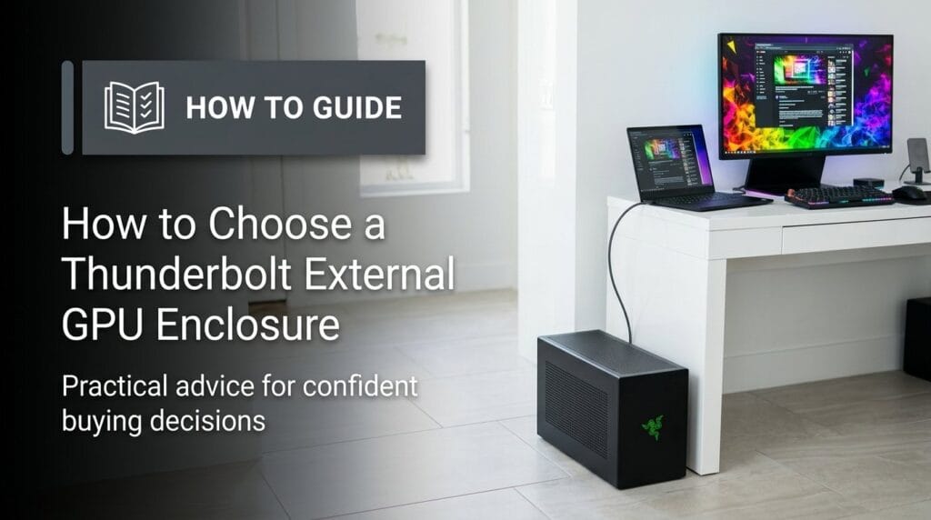 Thunderbolt external GPU enclosure on a minimal surface with soft directional light