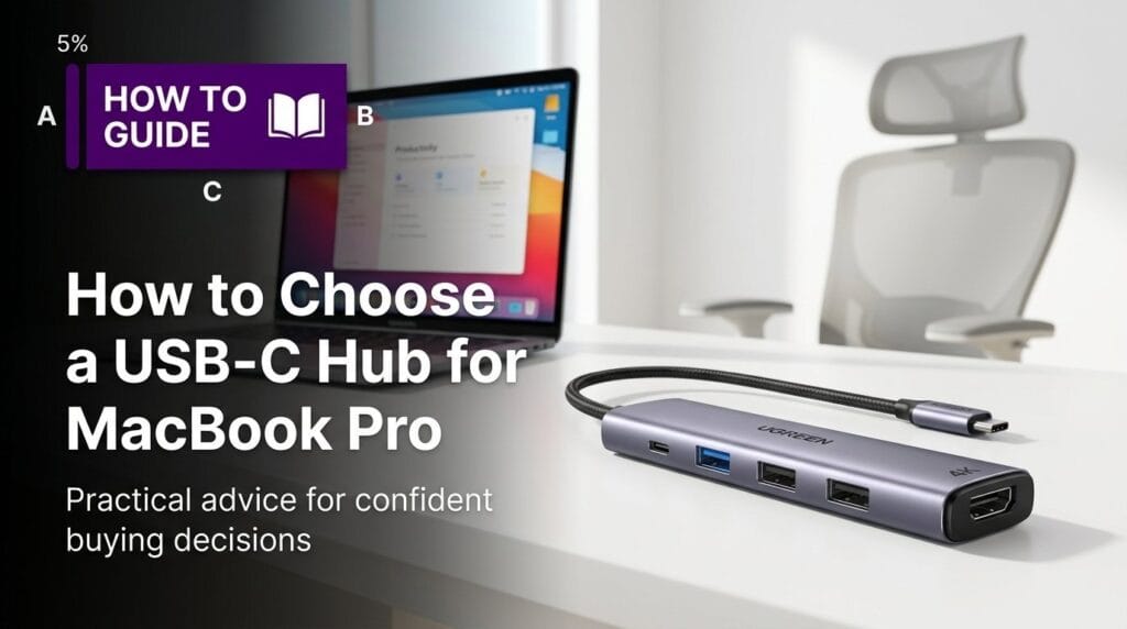 USB-C hub on a minimal surface with soft directional light, for a MacBook Pro buying guide