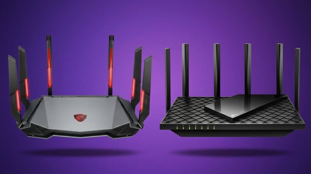 Gaming and standard Wi-Fi routers with multiple antennas on a purple background, shown side by side