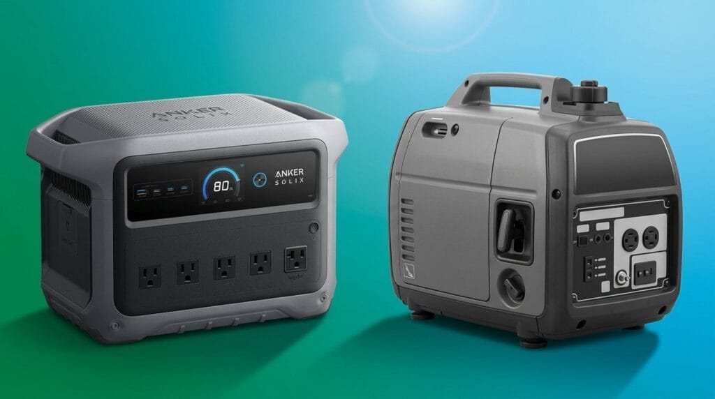 Portable power station with outlets and digital display beside a generator on a clean surface