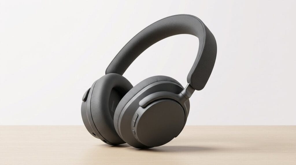 Wireless over-ear headphones with cushioned ear pads on a wooden surface under soft light