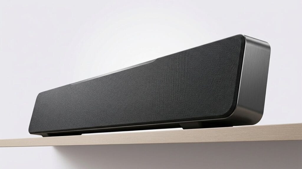 Sleek black soundbar on a wooden shelf against a white background.