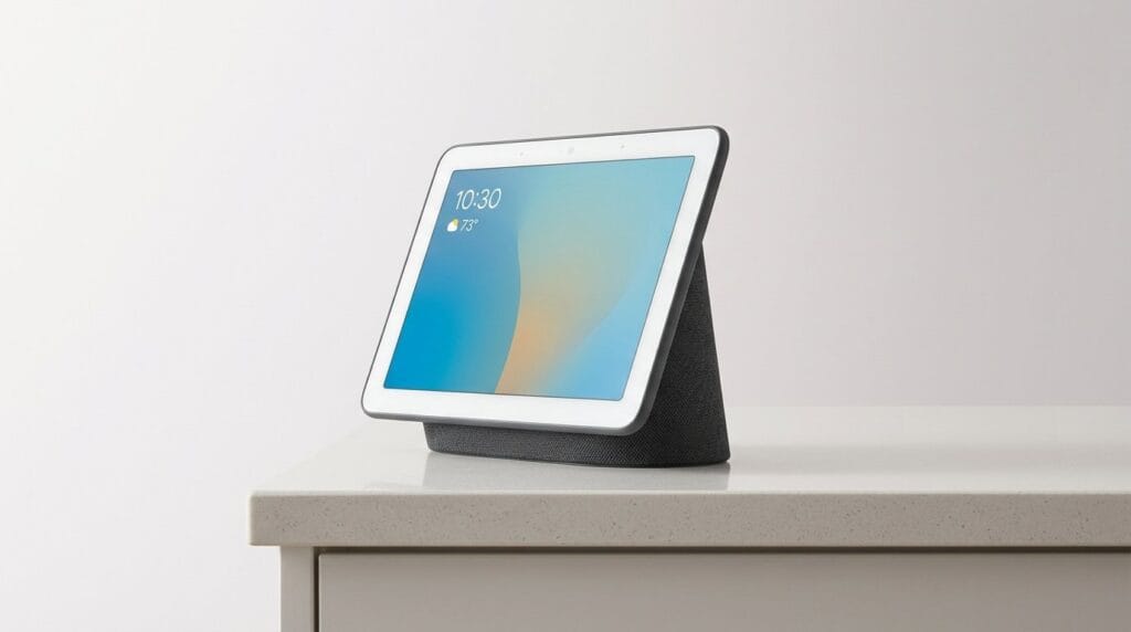 Smart home assistant with touchscreen display on a white table in soft light