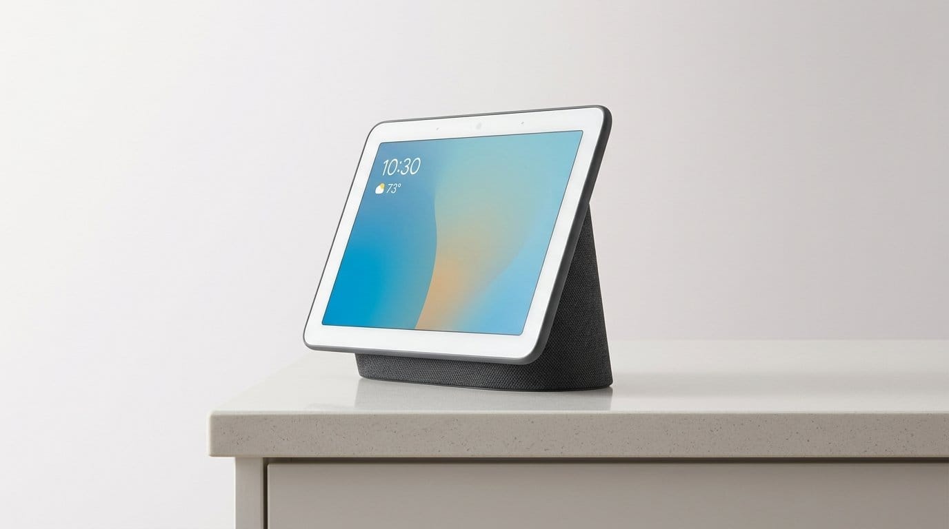 Smart home assistant with touchscreen display on a white table in soft light