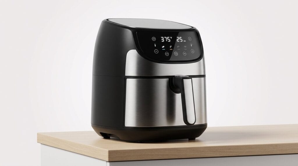 Modern black and stainless steel air fryer on a wooden counter with soft light