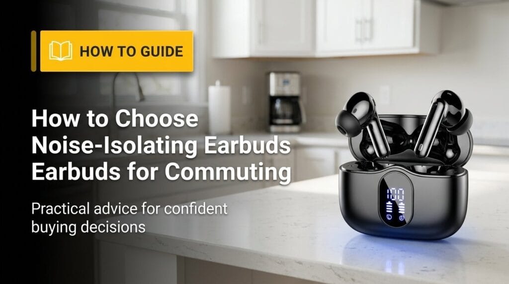 Wireless earbuds on a clean desk under soft studio light for a commuting guide